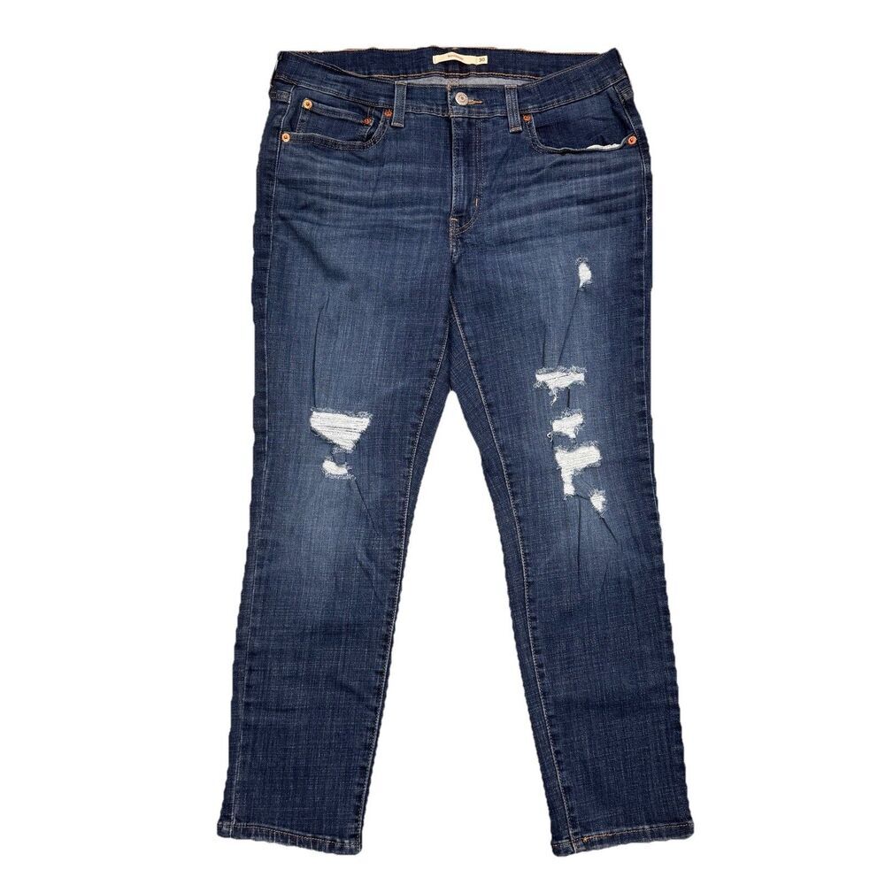 Levis Boyfriend Jeans Womens 30 Mid Rise Distressed Blue Stretch Measure 32 x 26